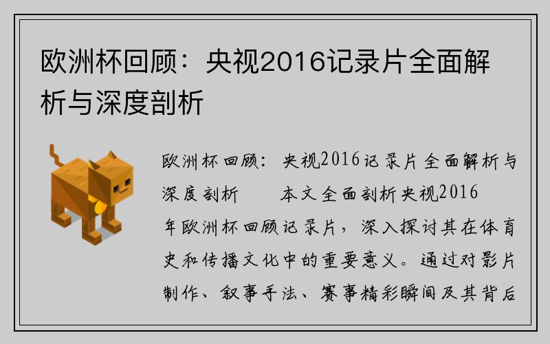 欧洲杯回顾：央视2016记录片全面解析与深度剖析