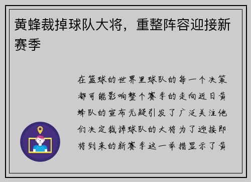 黄蜂裁掉球队大将，重整阵容迎接新赛季